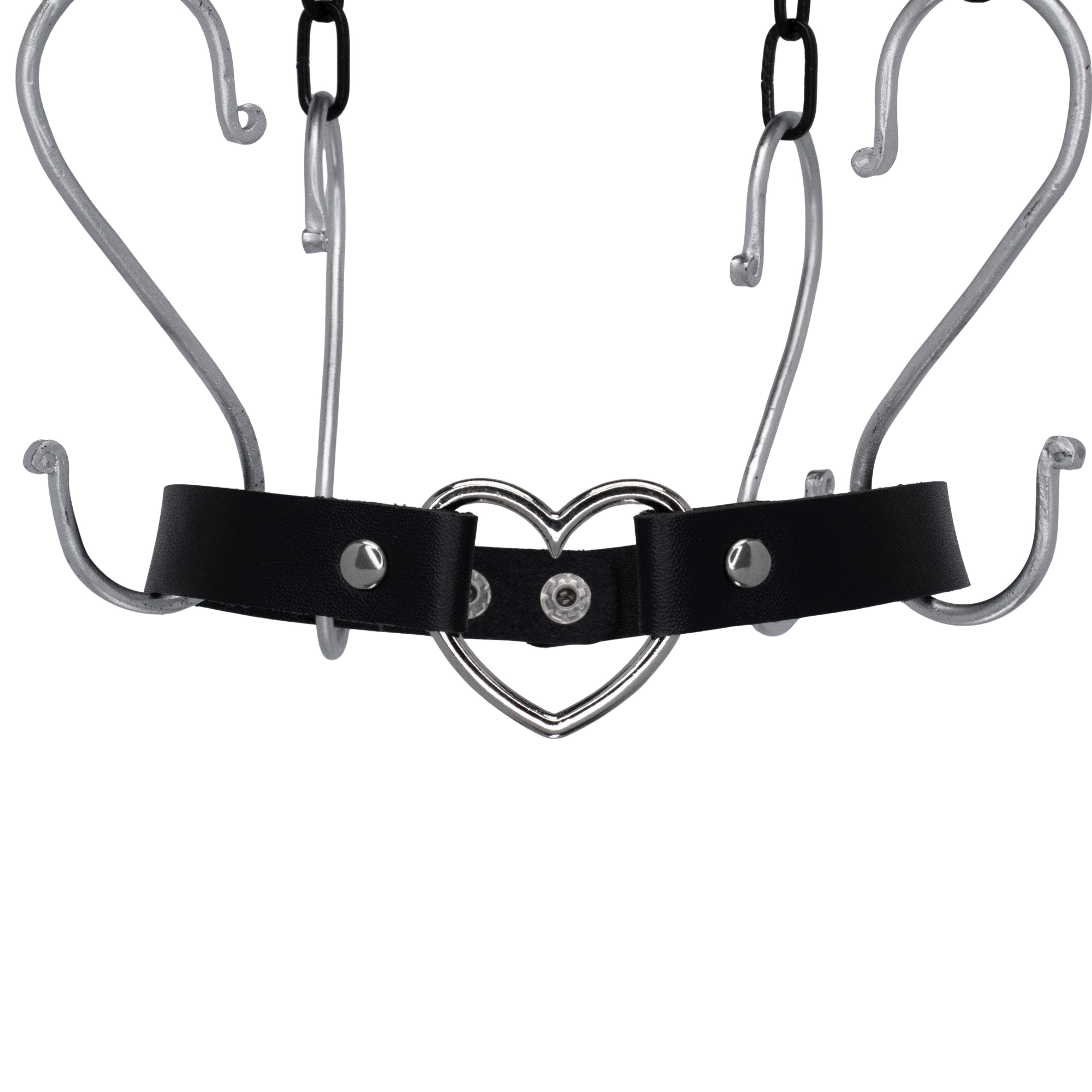 Zwarte RARE RAVERS choker 'Heart'. PU-leer met zilveren details