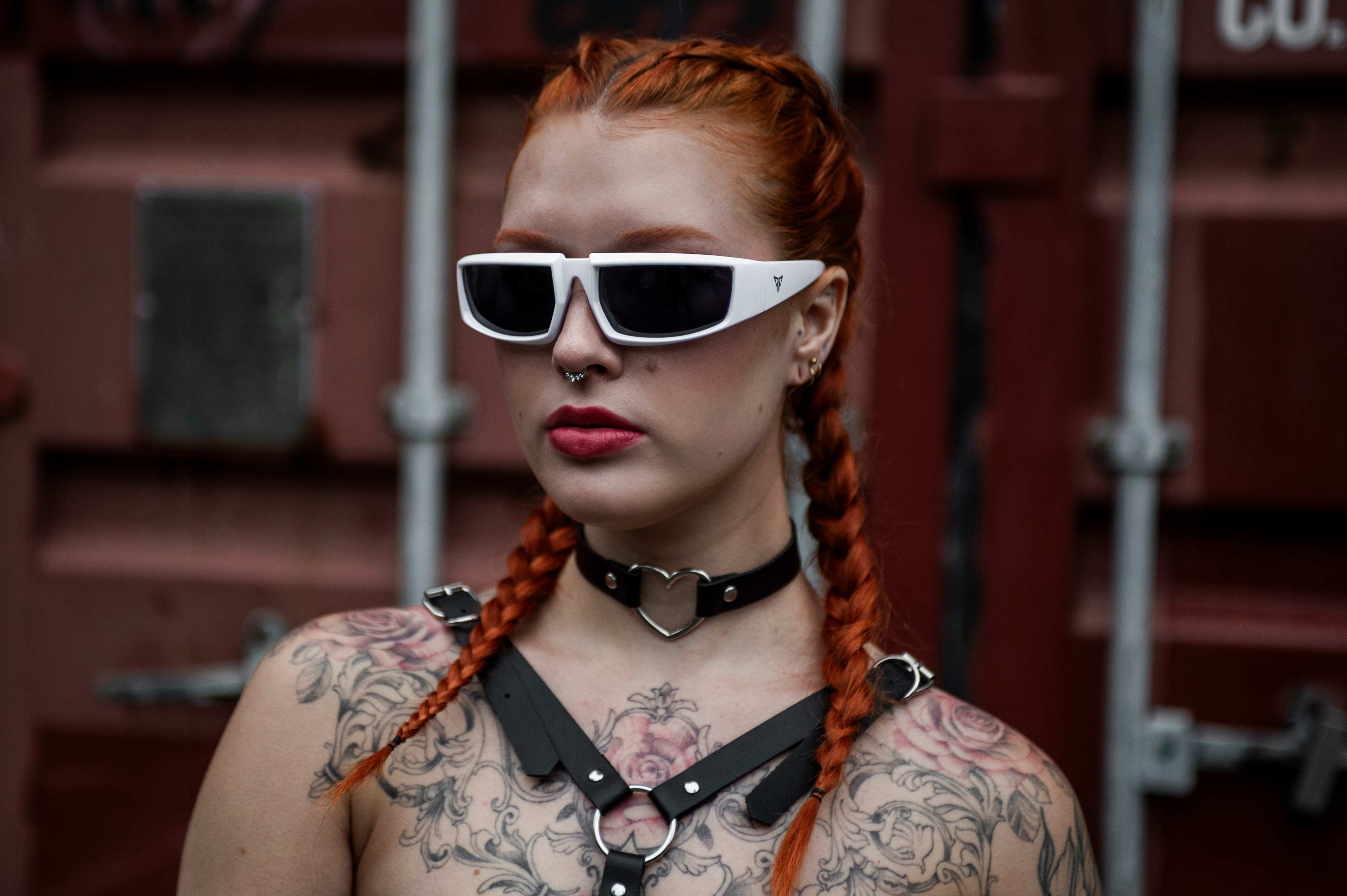 woman raver white obex cool rave sunglasses hardtechno front