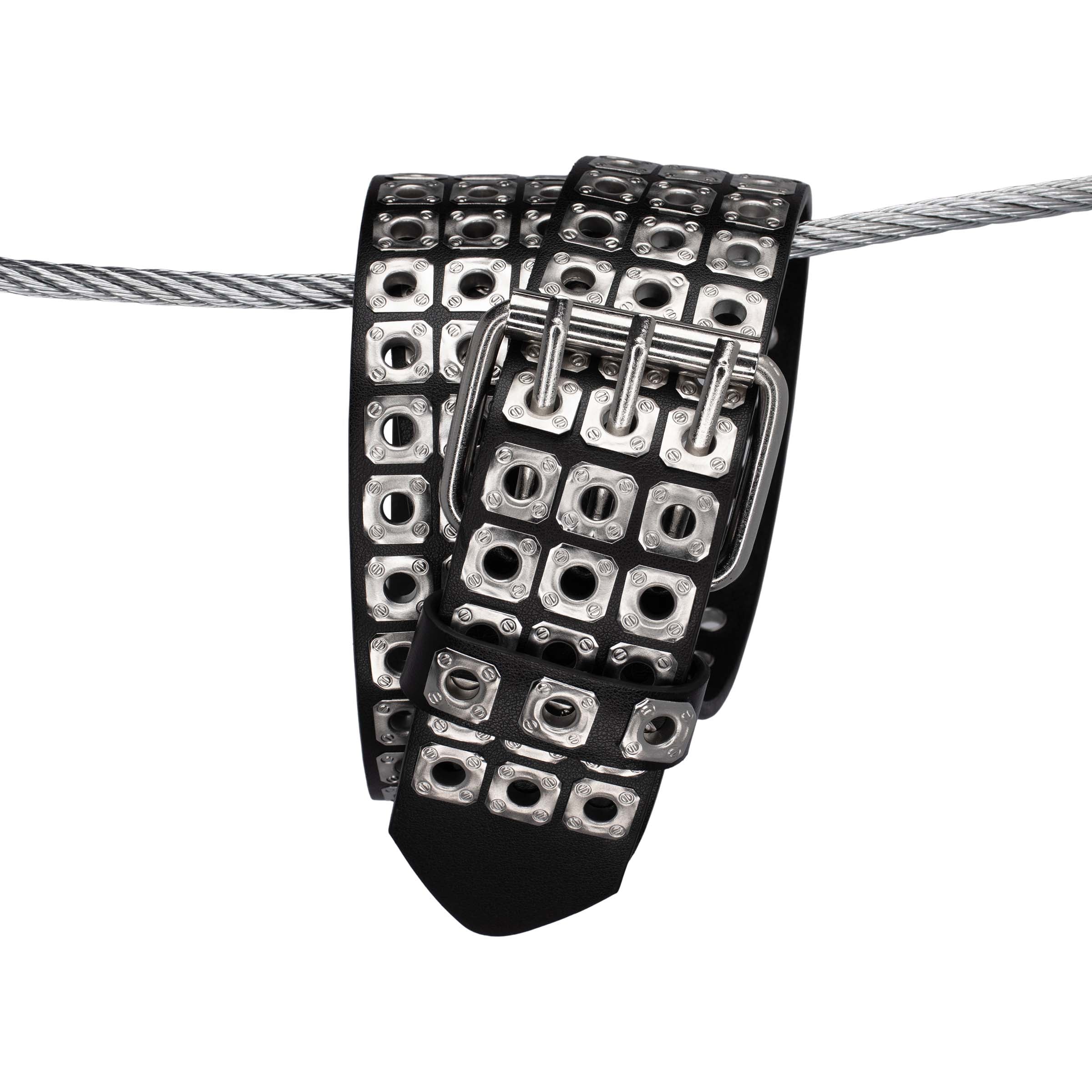 PU leren zwarte riem met zilveren studs close up gesp