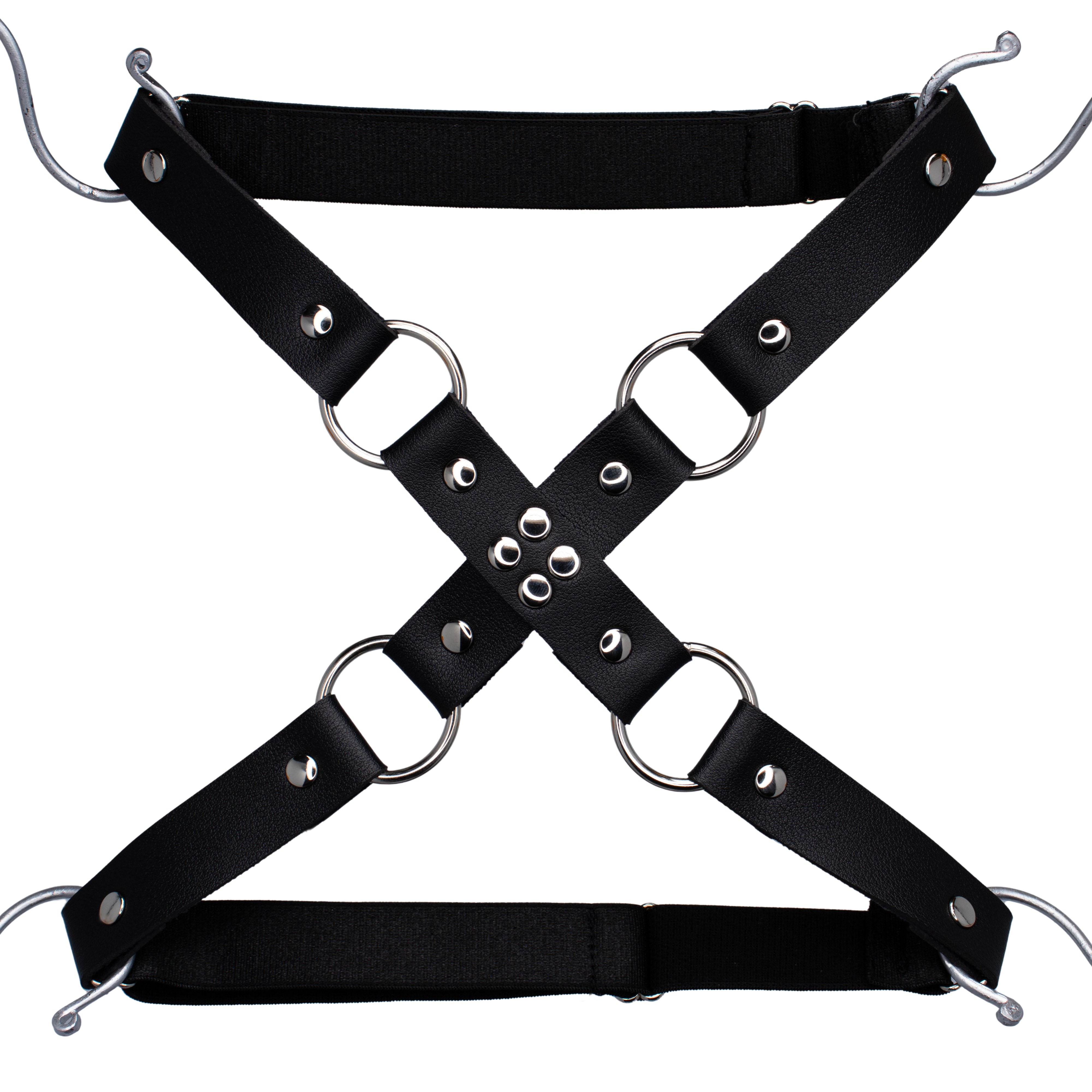 rave beenharnas PU-leer kruis voorkant