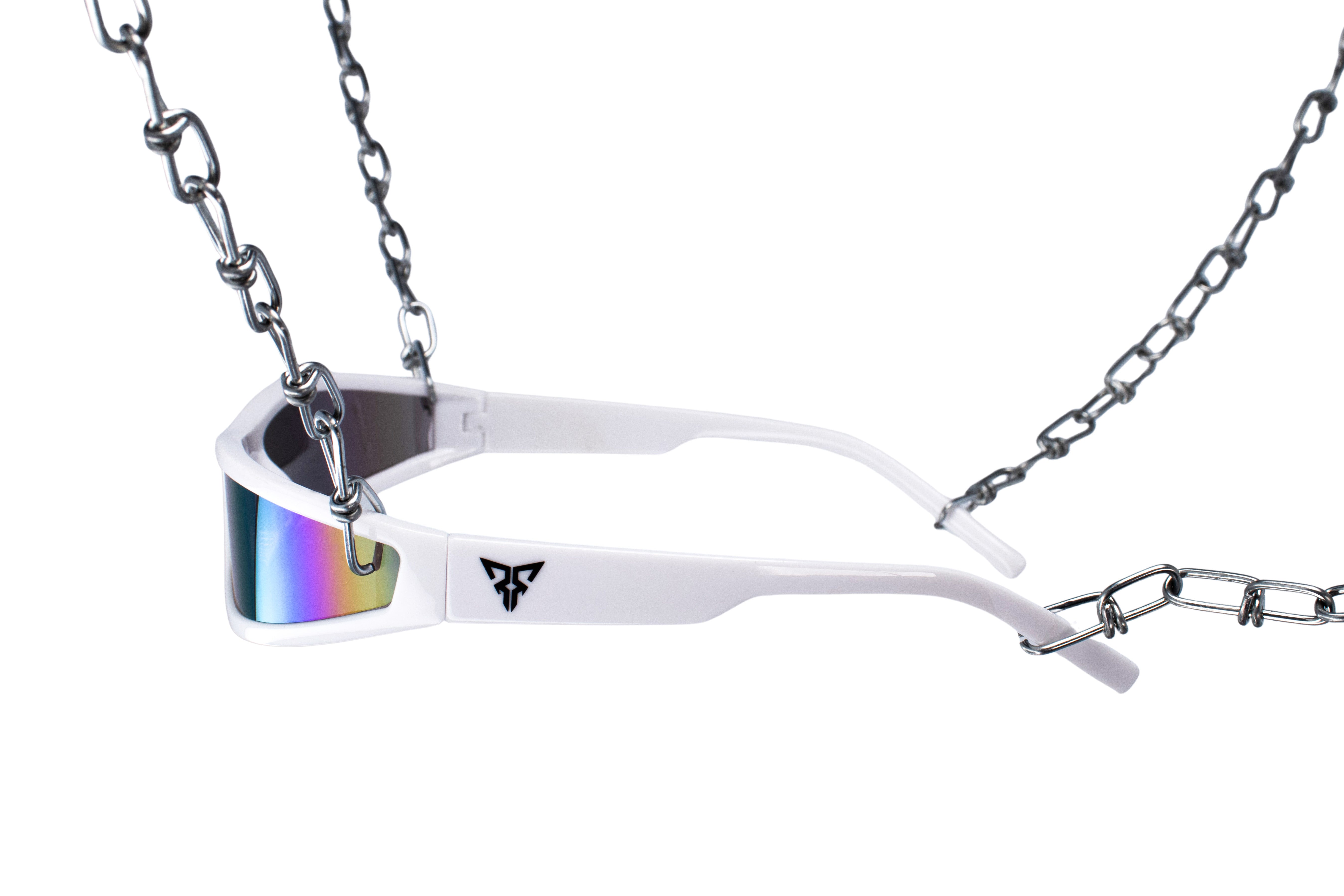 witte rave bril met spiegelglazen voor festivals zijkant