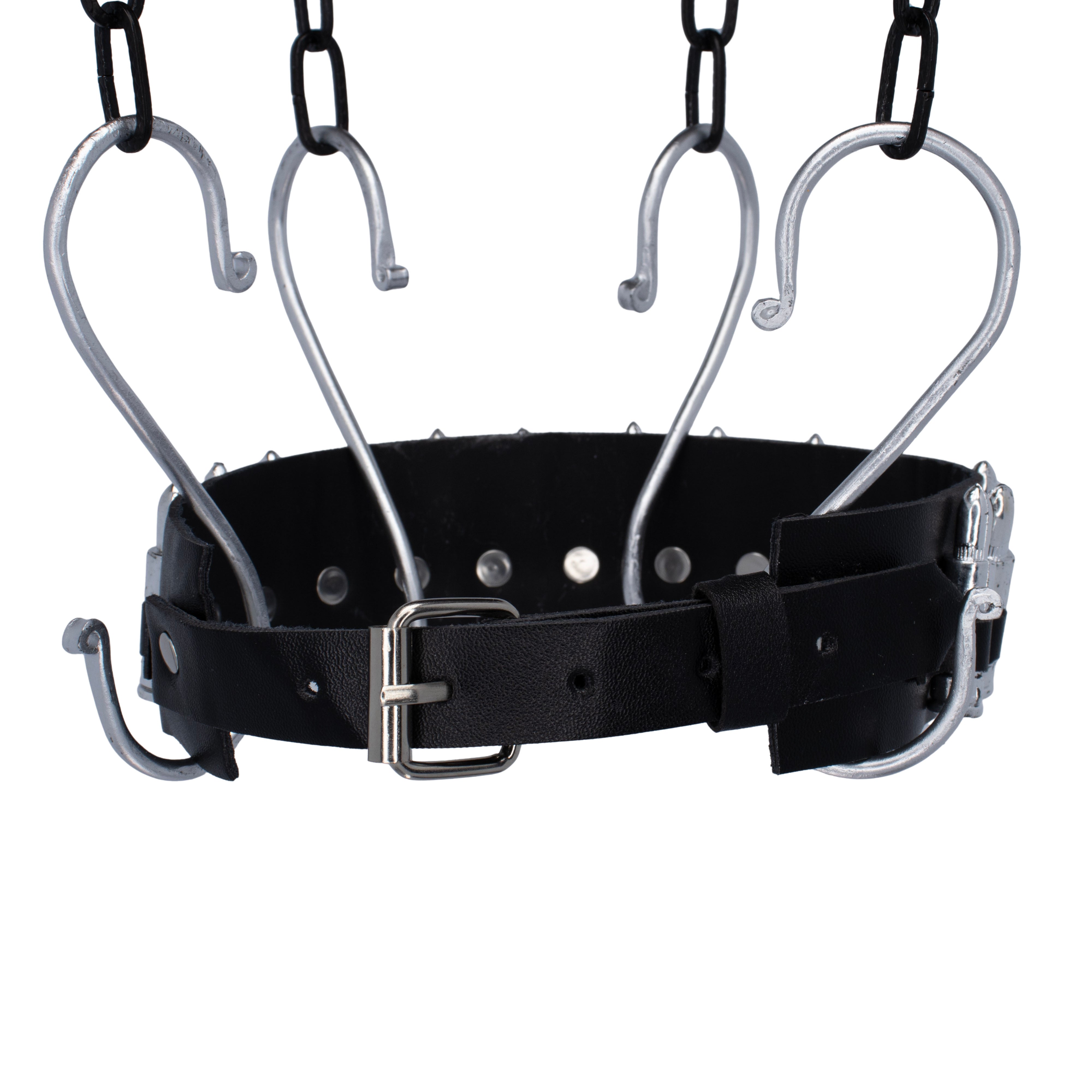 Zwarte PU-leren choker met zilveren metalen details en kogels, verstelbaar design geïnspireerd door legeruitrusting. Perfect voor unisex rave outfits en festivals.

Achterkant