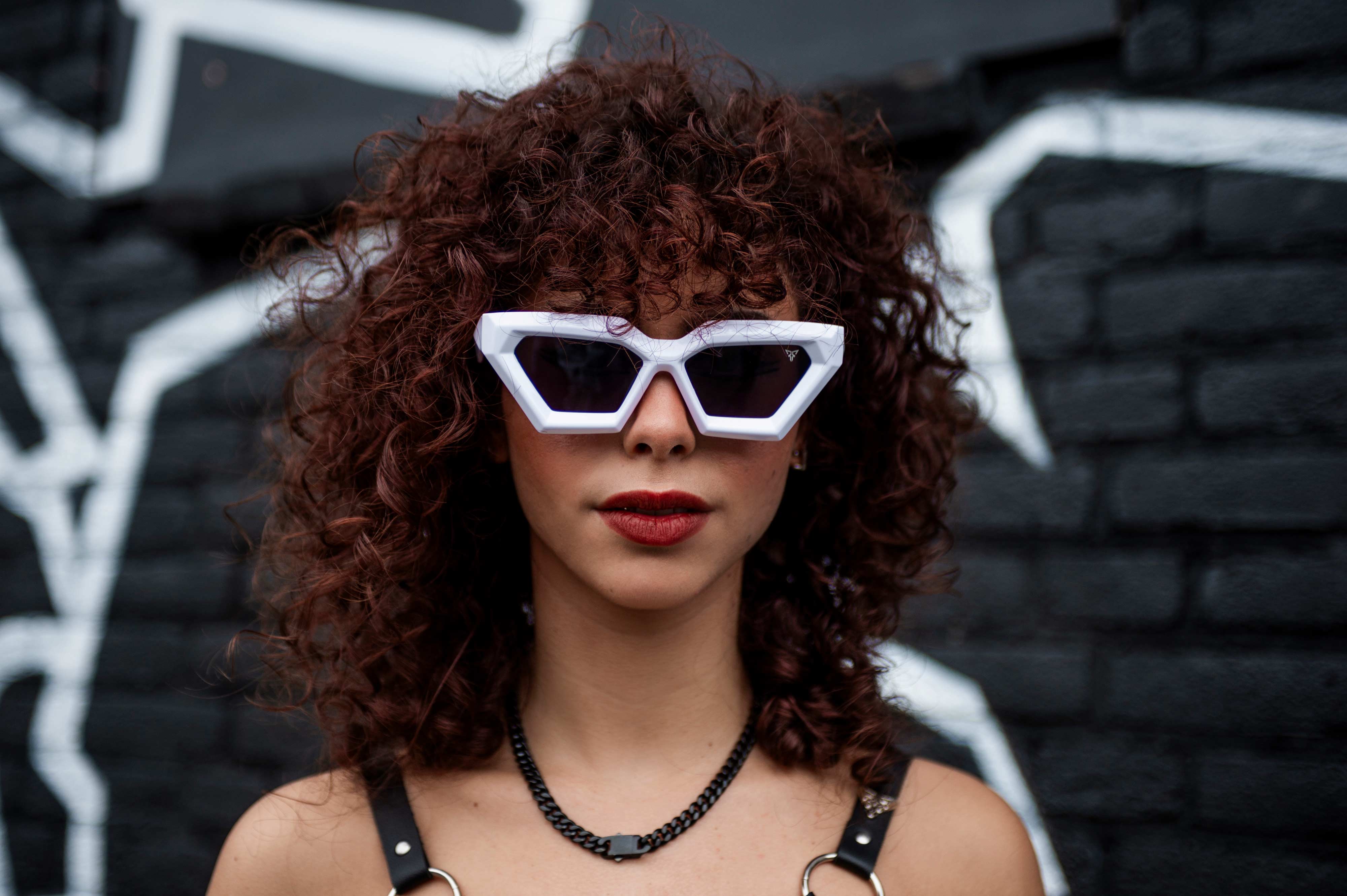 female rave sunglasses white techno frontview 